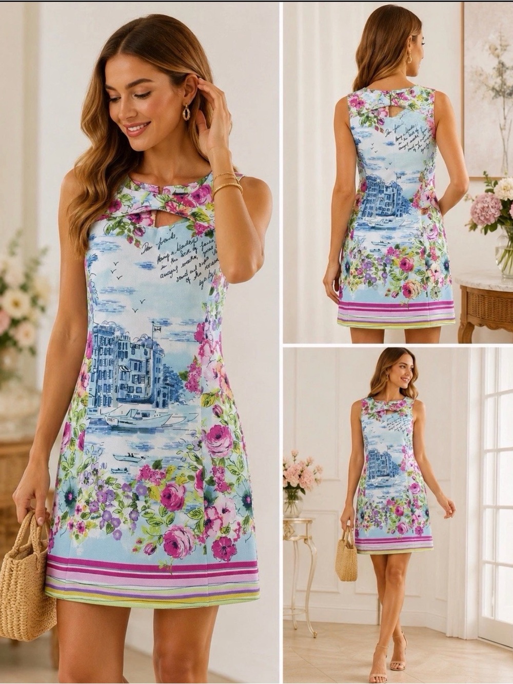 Gabby Skye Floral Print Sheath Dress 4 Venice Flowers Stripes Sleeveless Coastal